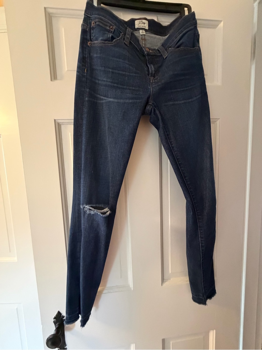 J. Crew Dark Indigo toothpick Jeans with Knee Rip
